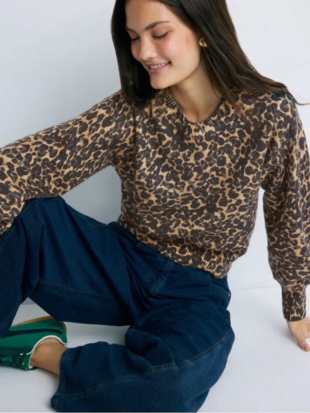 Marine Layer Alma Cheetah Sweater Puff Sleeves Black Tan Pullover Top Small S